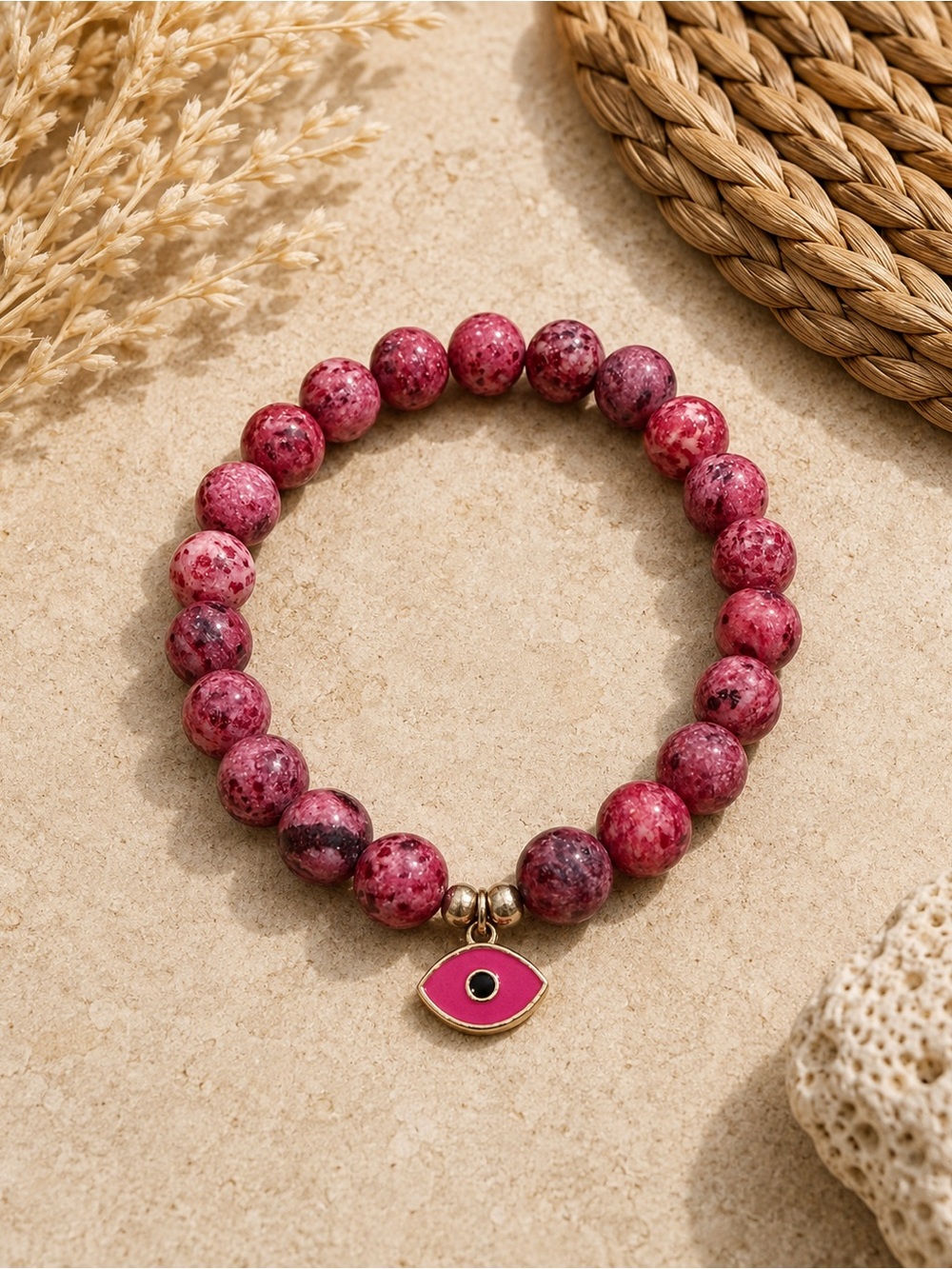 Bali Artisan Pink Stone Beaded Evil Eye Bracelet Gold Tone
